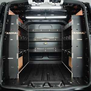 Rear van view of the Ford Transit Custom 2024- LWB Crew Cab Sides & Bulkhead Hexaboard Van Racking