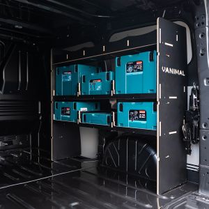 Rear van side angle view of the VW Transporter T7 LWB Hexaboard OS Rear MakPac/Toolbox Van Racking