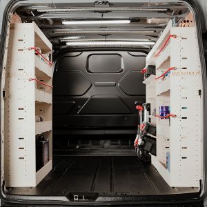Rear van view of the VW Transporter T7 LWB Adjustable Racking 3-Pack with Toolbox Shelves