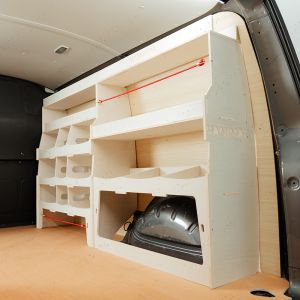Rear van side angle view of the Nissan NV300 2016- Driver Side Ulti-Rack Van Racking V3