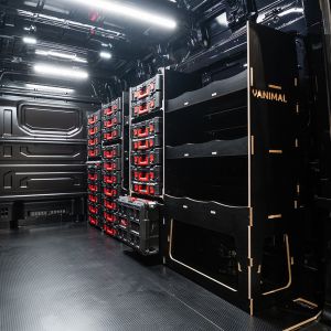 Rear van view of the MAN TGE 2017+ Milwaukee Packout Toolbox Compatible Van Racking (Full OS V2) displayed with Milwaukee toolboxes