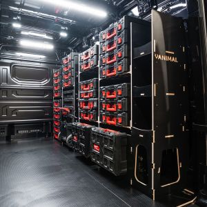 Rear van side angle view of the MAN TGE 2017+ Milwaukee Packout Trolley Compatible Van Racking (Full OS) displayed with Milwaukee toolboxes