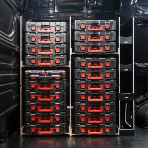 Side van view of the MAN TGE 2017+ Milwaukee Packout Toolbox Compatible Van Racking - Front displayed with Milwaukee toolboxes