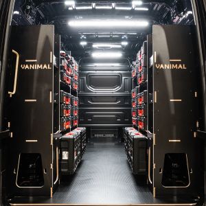 Rear van view of the MAN TGE 2017+ Milwaukee Packout Toolbox Compatible Van Racking (x2 Rears) displayed with Milwaukee toolboxes