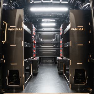 Rear van view of the MAN TGE 2017+ Milwaukee Packout Toolbox Compatible Van Racking V2 (x2 Rears) displayed with Milwaukee toolboxes