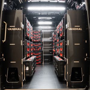 Rear van view of the MAN TGE 2017+ Milwaukee Packout Toolbox and Trolley Van Racking (x4 V1) displayed with Milwaukee toolboxes and trolley