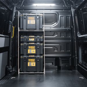 Rear van view of the MAN TGE 2017+ DeWalt ToughSystem 2.0 Toolbox Compatible Van Racking - Bulkhead displayed with DeWalt ToughSystem 2.0 toolboxes