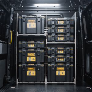 Rear van view of the MAN TGE 2017+ DeWalt ToughSystem 2.0 Toolbox Compatible Van Racking - Full-Width Bulkhead displayed with DeWalt ToughSystem 2.0 toolboxes 