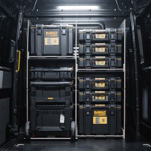 Rear van view of the MAN TGE 2017+ DeWalt ToughSystem 2.0 Trolley Compatible Van Racking - Full-Width Bulkhead displayed with DeWalt ToughSystem 2.0 toolboxes
