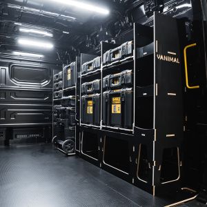 Rear van side angle view of the MAN TGE 2017+ DeWalt ToughSystem 2.0 Trolley Compatible Van Racking (Full OS) displayed with DeWalt ToughSystem 2.0 toolboxes and trolley