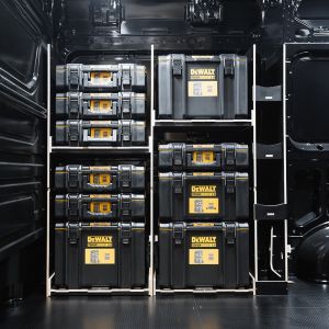 Side van view of the MAN TGE 2017+ DeWalt ToughSystem 2.0 Toolbox Compatible Van Racking - Front displayed with DeWalt ToughSystem 2.0 toolboxes