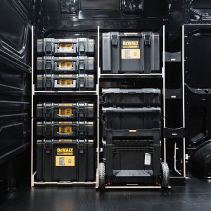 Side van view of the MAN TGE 2017+ DeWalt ToughSystem 2.0 Trolley Compatible Van Racking - Front displayed with DeWalt ToughSystem 2.0 toolboxes