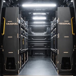Rear van view of the MAN TGE 2017+ DeWalt ToughSystem 2.0 Toolbox Compatible Van Racking (x2 Rears) displayed with DeWalt ToughSystem 2.0 toolboxes