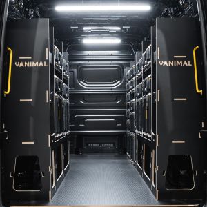 Rear van view of the MAN TGE 2017+ DeWalt ToughSystem 2.0 Toolbox Compatible Van Racking (x3 V1) displayed with DeWalt ToughSystem 2.0 toolboxes