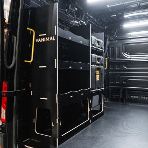 Rear van side angle view of the MAN TGE 2017+ DeWalt ToughSystem 2.0 Toolbox Compatible Van Racking - NS Rear V2 displayed with DeWalt ToughSystem 2.0 toolboxes