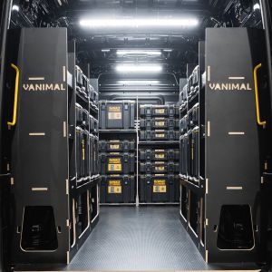 Rear van view of the MAN TGE 2017+ DeWalt ToughSystem 2.0 Toolbox Compatible Van Racking (x3 V3) displayed with DeWalt ToughSystem 2.0 toolboxes