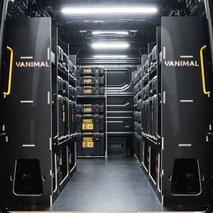 Rear van view of the MAN TGE 2017+ DeWalt ToughSystem 2.0 Toolbox Compatible Van Racking (x4 V1) displayed with DeWalt ToughSystem 2.0 toolboxes