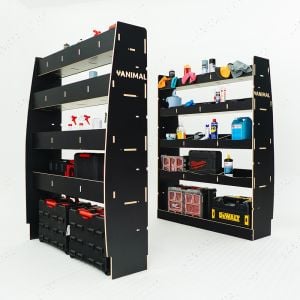 LH side angle view of the Ford Transit Mk8 LWB Hexaboard NS and OS Rear Van Racking System (Pair) - displayed with tools and equipment