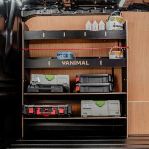 Side van view of the Ford Transit 2001-2013 Hexaboard Front Toolbox Van Racking x2 Angled Shelves