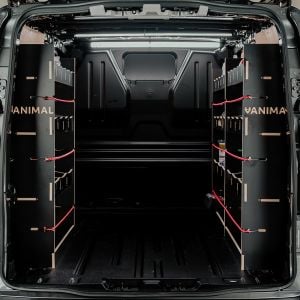 Rear van view of the Ford Transit 2001-2013 SWB Hexaboard Triple Van Racking Pack (Multi-Compartment)