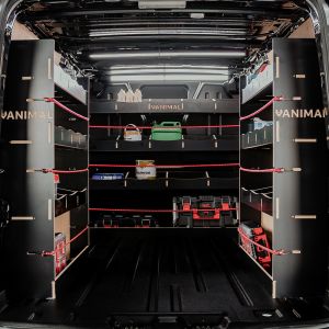 Rear van view of the Ford Transit 2001-2013 SWB Hexaboard Rear Pair & Full-Width Bulkhead Racking