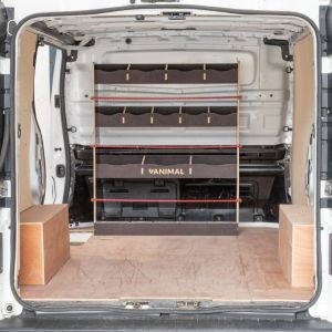 Rear van view of the Vauxhall Vivaro A 2001-2014 Hexaboard Bulkhead Racking
