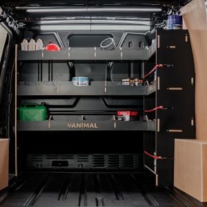 Rear van view of the Fiat Scudo Hexaboard Integrated Right Hand Front & Bulkhead Racking displaying tools and equipment