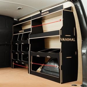 Rear side angle view of the Nissan Primastar 2022- Hexaboard Driver Side Ulti-Rack Van Racking V3