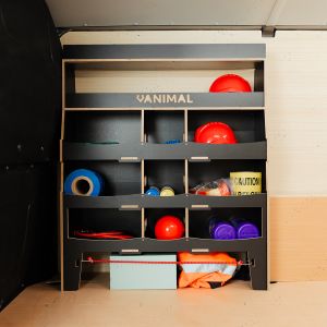 Side van view of the Fiat Scudo Hexaboard Front Ulti-Rack Van Racking displayed with tools and equipment 