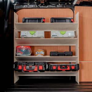 Side van view of the Fiat Scudo Front Toolbox Racking with x4 Shelves