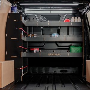Rear van view of the Fiat Scudo Hexaboard Bulkhead and Front L-Shape Racking (LH L-Rack) displayed with tools and equipment 