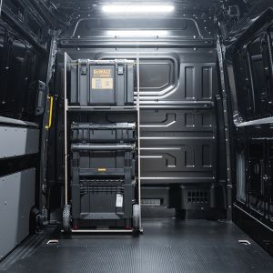Rear van view of the VW Crafter 2017+ DeWalt ToughSystem 2.0 Trolley Compatible Van Racking - Bulkhead displayed with DeWalt ToughSystem 2.0  toolboxes and trolley