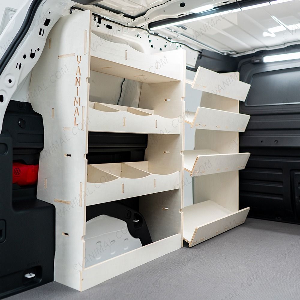 Rear van side angle view of the Combo XL NS Van Racking: Rear Compartment & Side Load Toolbox Shelves