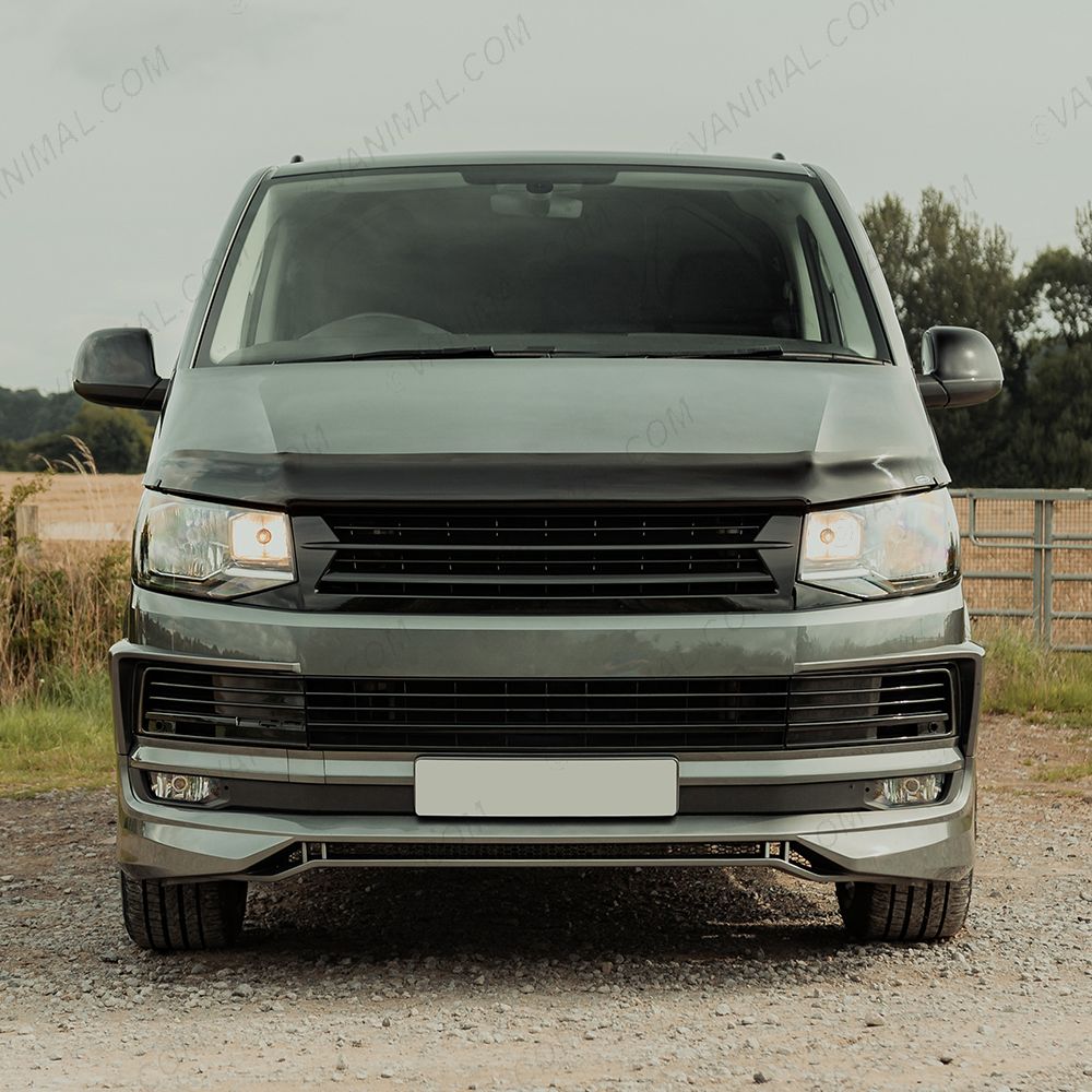 Front van view of the Gloss Black 3pce Lower Grille Set without Radar fitted on the VW Transporter T6 2015-2019