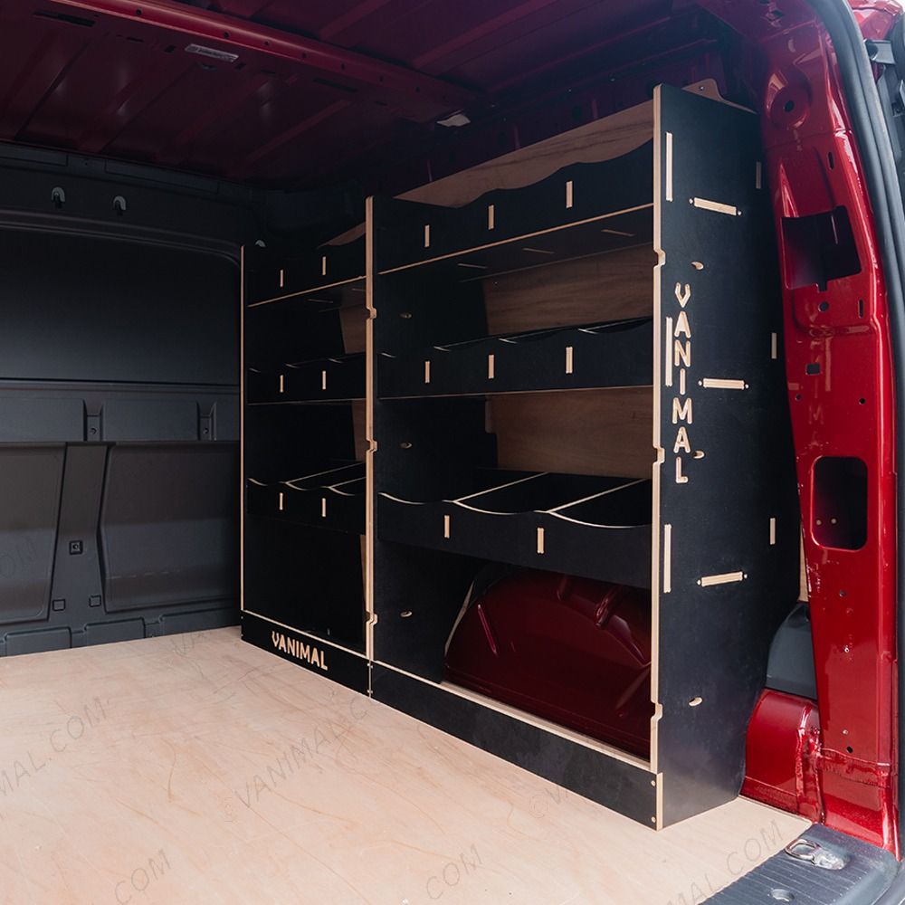 Rear van side angle view of the Proace City Long Driver Side Hexaboard Van Racking