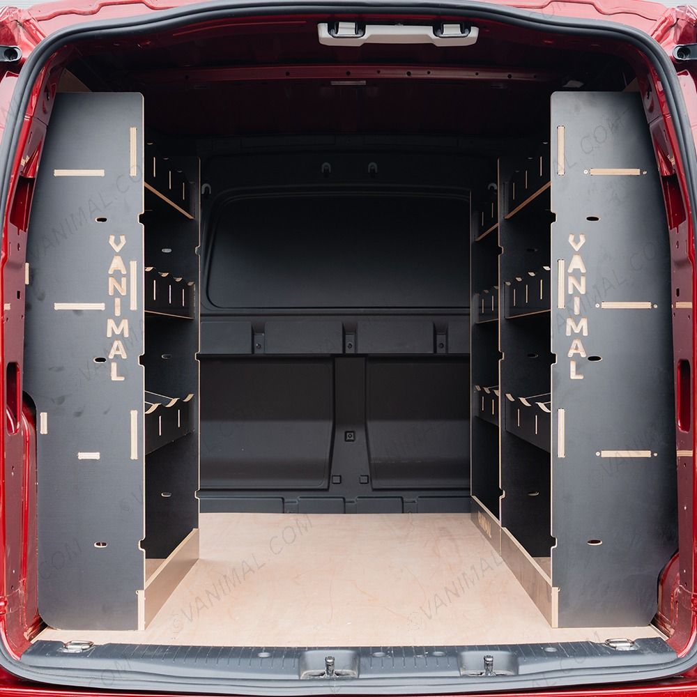 Rear van view of the Proace City Long Triple Hexaboard Van Racking System