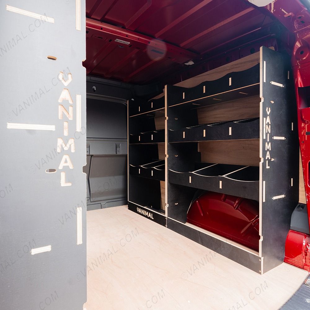 OS rear van view of the Proace City Long Triple Hexaboard Van Racking System