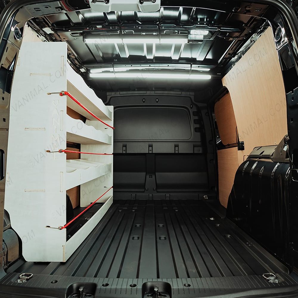 Rear van view of the VW Caddy Cargo Maxi 2021- NS Full Length passenger-Side Van Racking