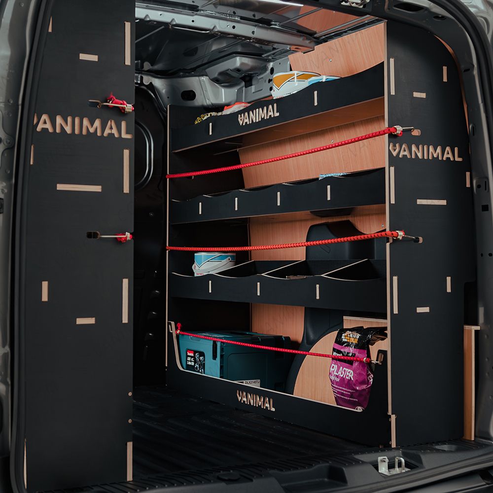 Complete Nissan Townstar 2022 L2 NS rear and full XL OS van racking system, rugged black finish
