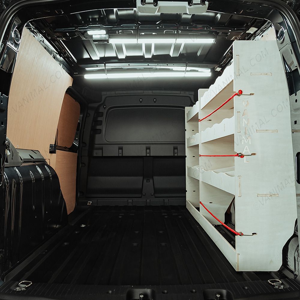 Organised storage system for Nissan Townstar 2022 L2 driver-side van racking, bungee cord ready