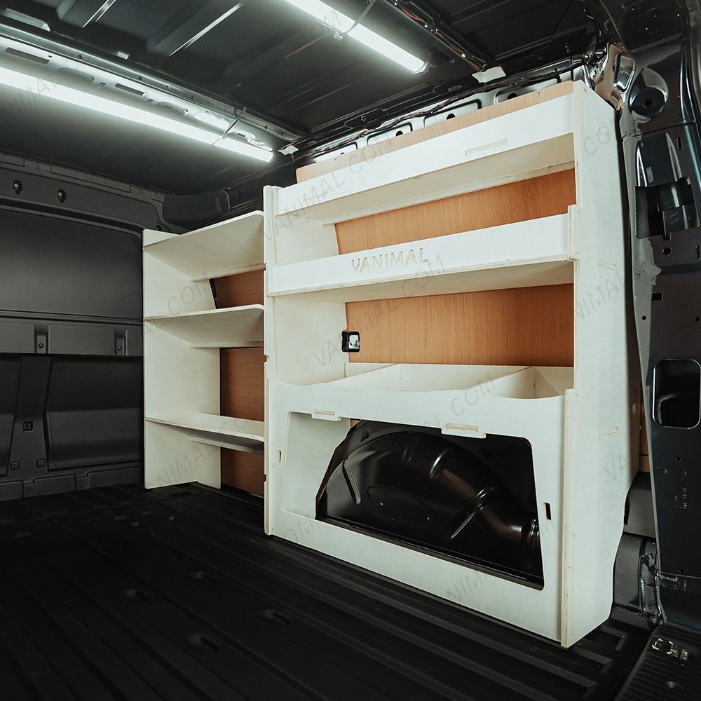 Rear van side angle view of the VW Caddy Cargo Maxi 2021- Driver-Side Van Shelving inc Rear Ulti-Rack V2