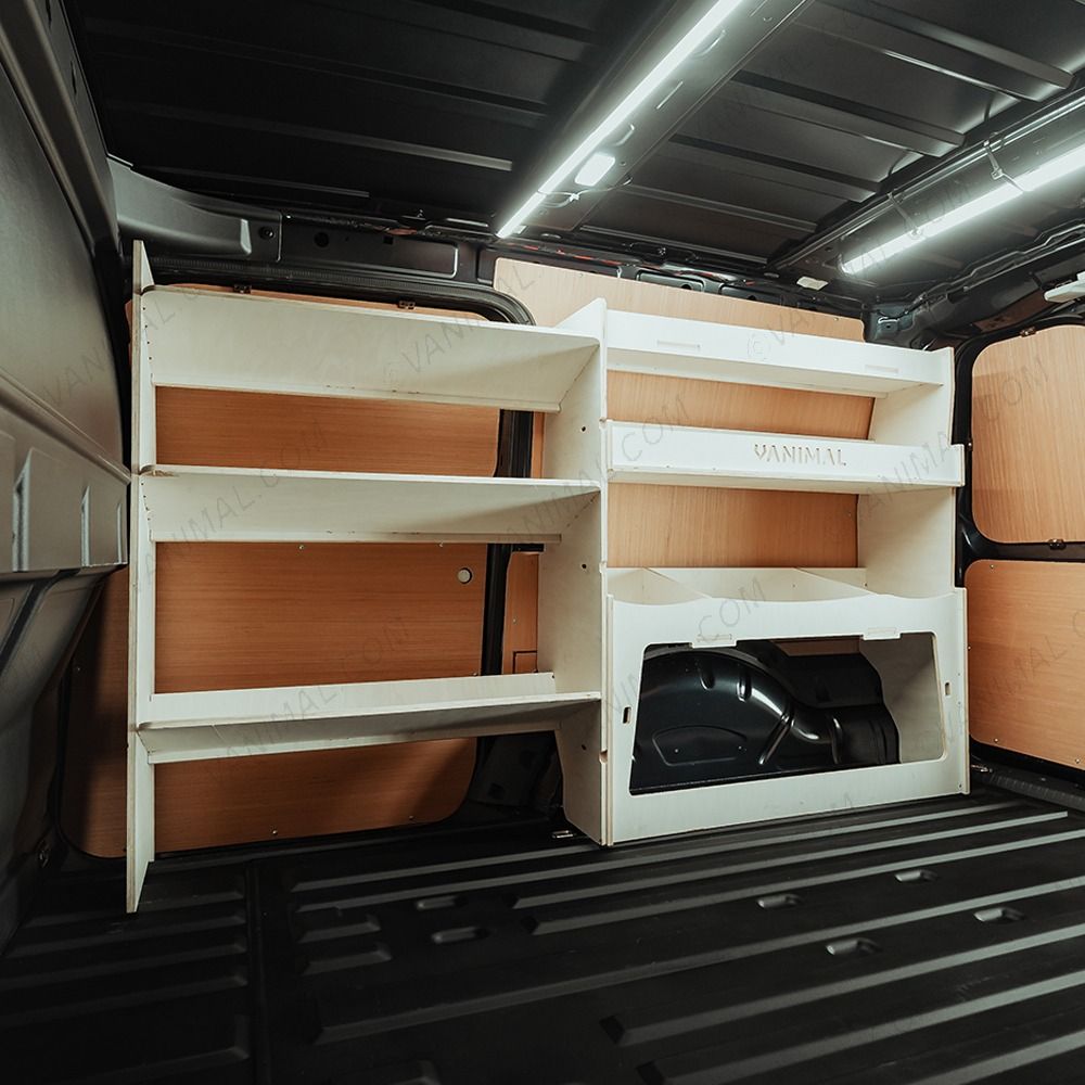 Side van angle view of the VW Caddy Cargo Maxi 2021- Driver-Side Van Shelving inc Rear Ulti-Rack V2