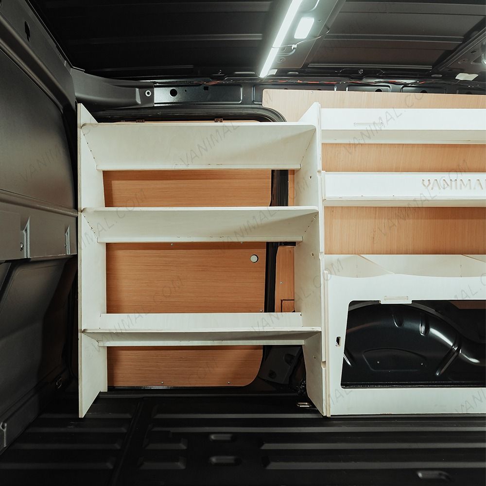 Side van view of the VW Caddy Cargo Maxi 2021- Driver-Side Van Shelving inc Rear Ulti-Rack V2