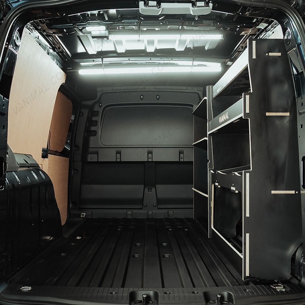 Rear van view of the VW Caddy Cargo Maxi 2021- Hexaboard Driver-Side Shelving + Ulti-Rack V2
