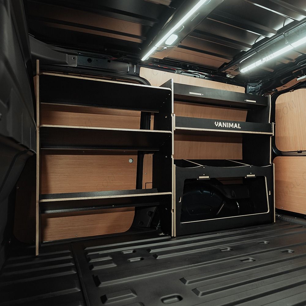 Side van angle view of the VW Caddy Cargo Maxi 2021- Hexaboard Driver-Side Shelving + Ulti-Rack V2