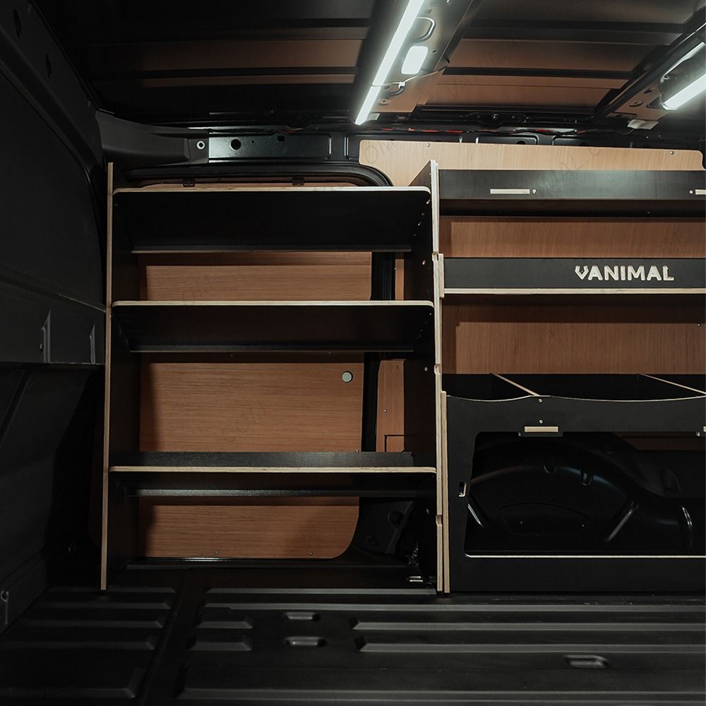 Side van view of the VW Caddy Cargo Maxi 2021- Hexaboard Driver-Side Shelving + Ulti-Rack V2
