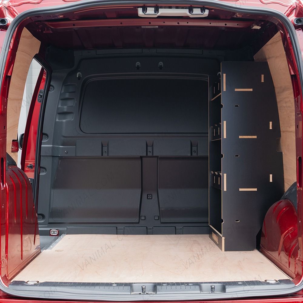 OS front van racking for Nissan Townstar 2022+ L2: durable 12mm phenolic-coated hexaboard with black textured finish. Includes OS front module (6 compartments, 3 shelves). Pre-notched for bungee cords, water-resistant and built for tradespeople.