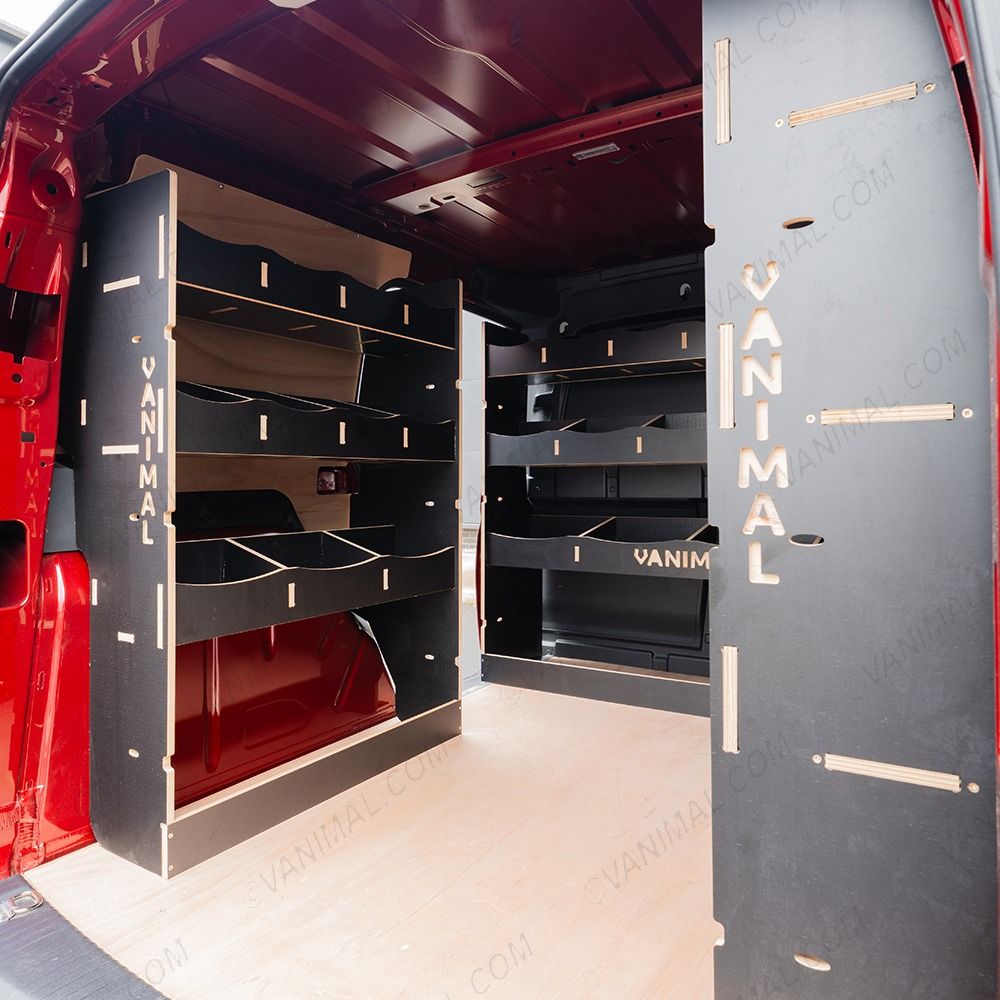 NS rear van side angle view of the Kia PV5 Cargo Double Rear and Bulkhead Hexaboard Van Racking