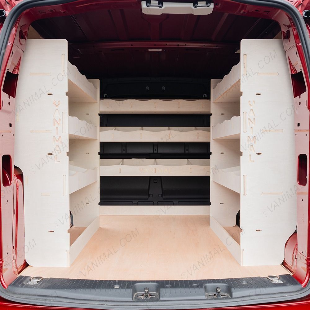 Rear van view of the Kia PV5 Cargo Double Rear and Bulkhead Van Racking