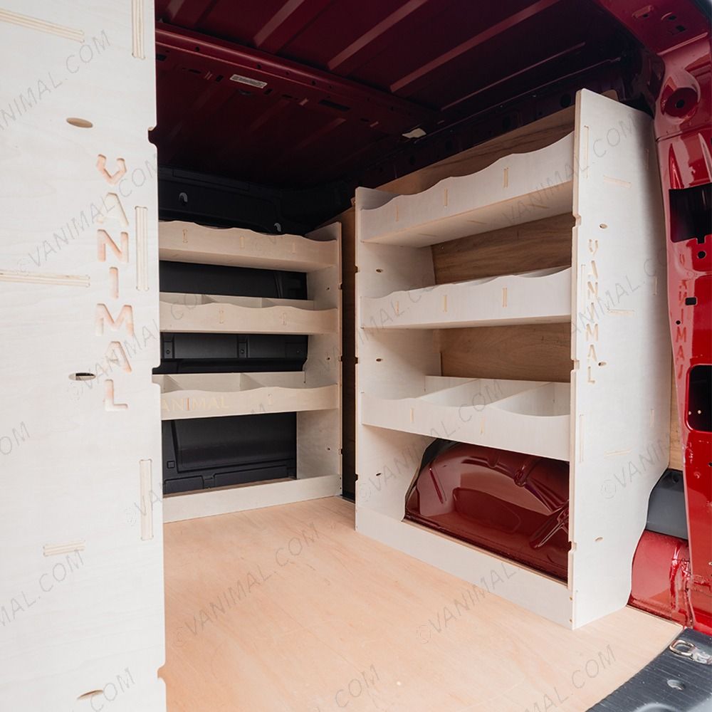 OS rear van side angle view of the Kia PV5 Cargo Double Rear and Bulkhead Van Racking